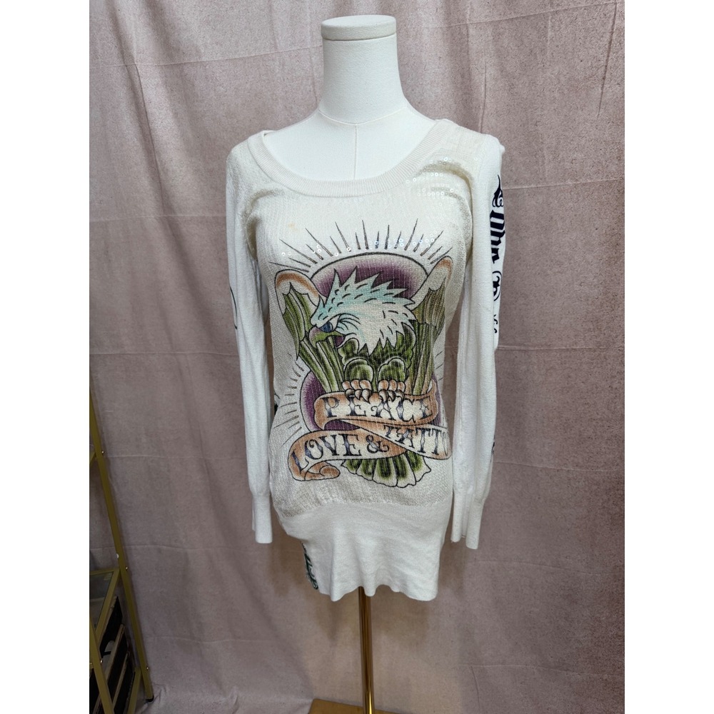Ed Hardy Christian Audigier Eagle Love Kills Slowly Sequin Sweater Tunic White M